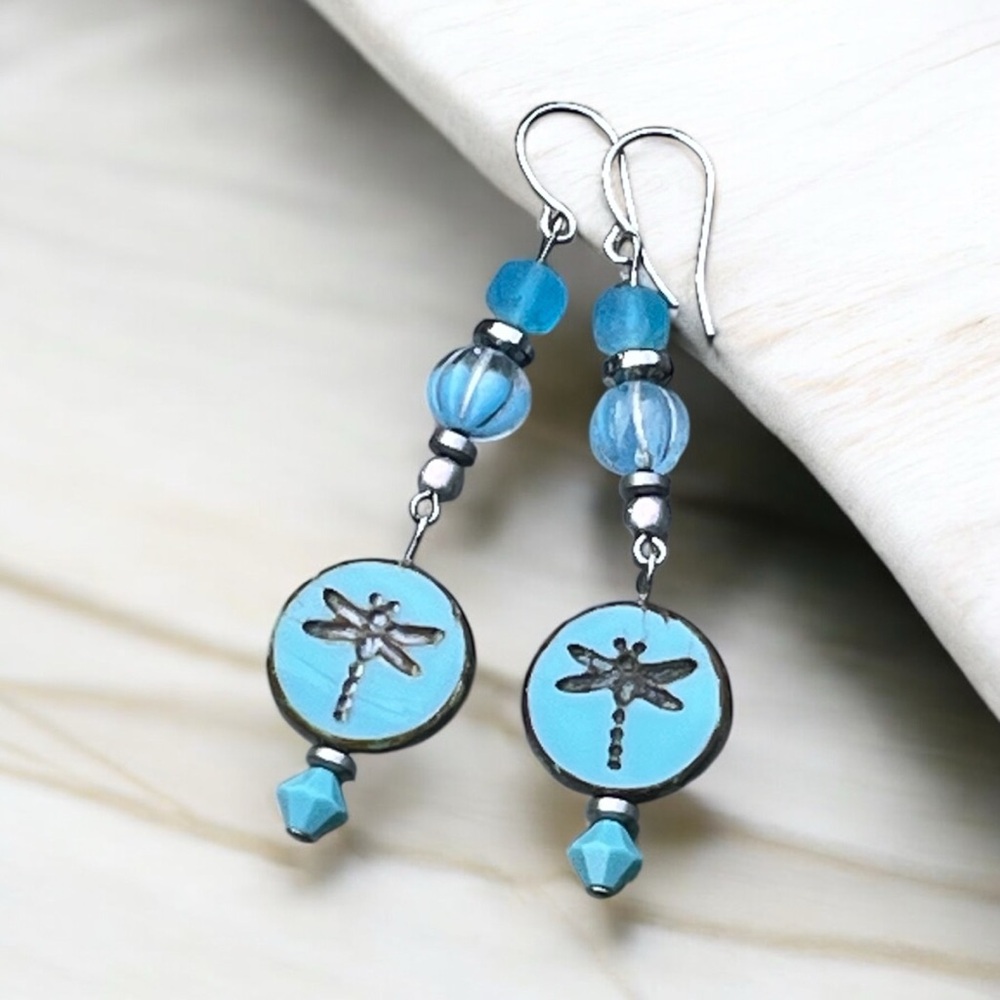 Handcrafted blue dragonfly Czech glass dangly earrings